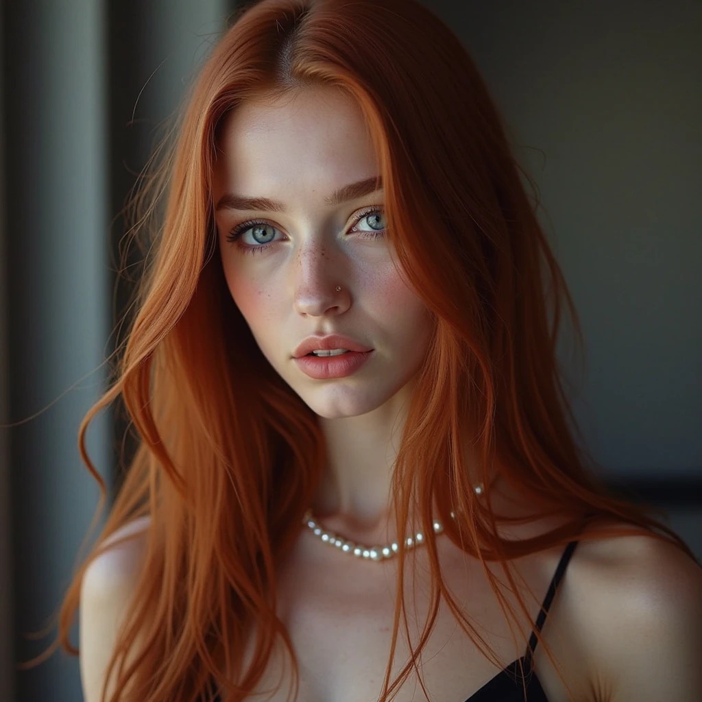 raw photo, (18yo redhead girl:1.2), makeup, graphic eyeliner, rouge, (choker:0.9), realistic skin texture, oversize knit sweater, (red:0.8), softcore, warm lighting, cosy atmosphere, instagram style