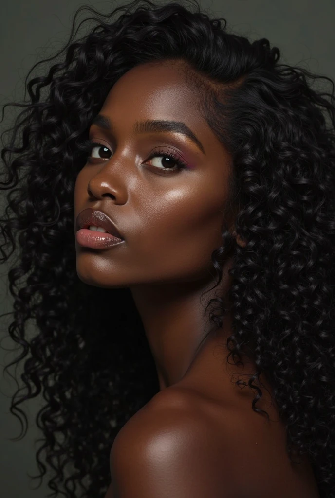  there is a black woman , the woman has curly black curly, she has brown skin, with dark brownish skin, with long curly, long black wet  bouncy curls  she is taking a long shot selfie in the studio