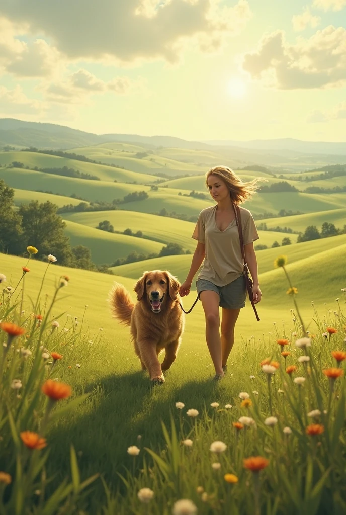 I want a picture of a dog going to the fields with his owner.”