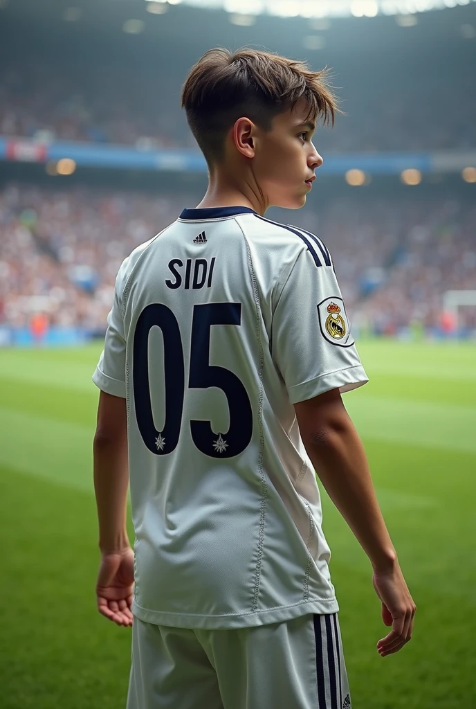 Create the image of a child soccer player wearing a Real Madrid shirt, number 20 and with the name of Yanibal