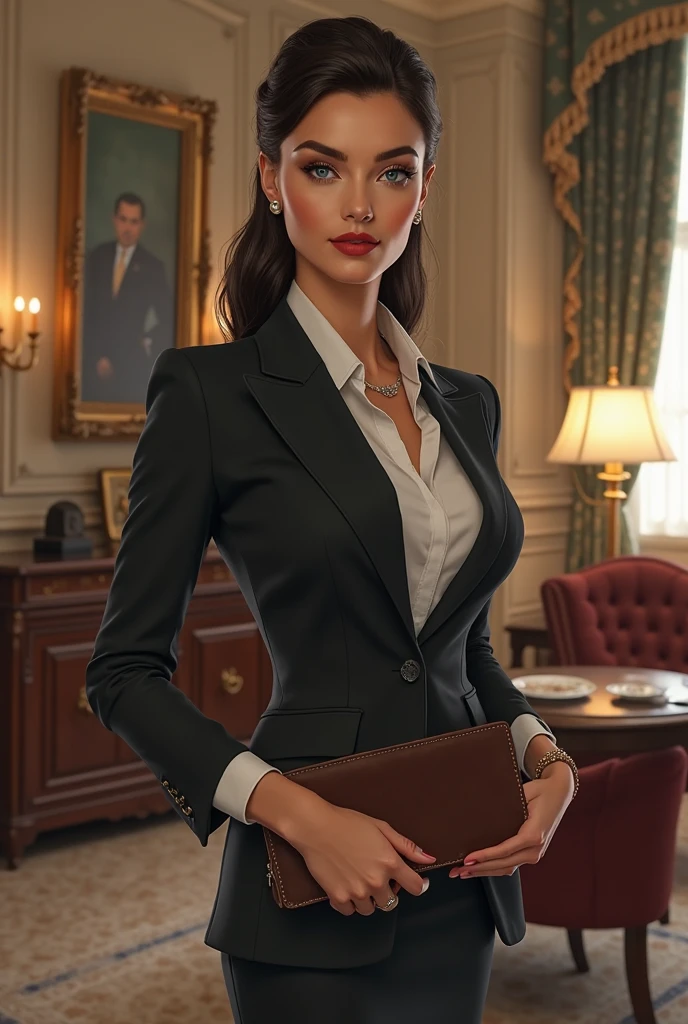 2D artstyle of Hot mature sexy mafia in office formal skintight shirt tucked in skintight pants black belt, tight clothes that highlights her figure 