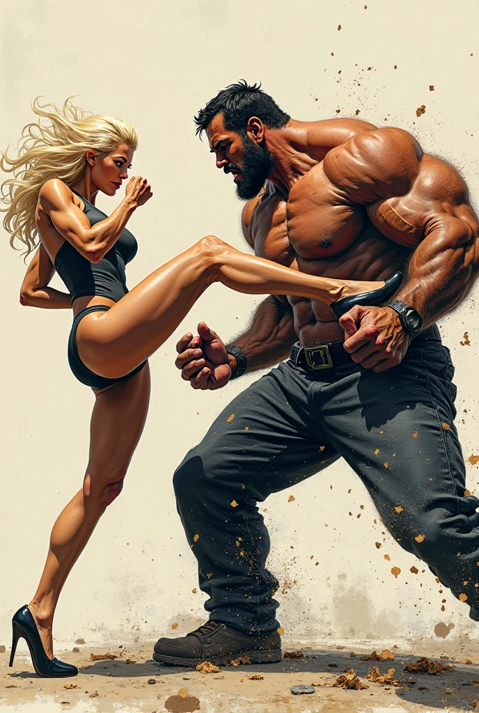 masterpiece, 8k, high resolution, best quality, ultra detailed), head to toe body photo, 1 man and a woman in one photo. The man is looking at the woman running behind her, he is very tall, bodybuilder, huge and exaggerated muscles, hot, perfect elongated face, handsome, bald, deep and detailed eyes, bald, shaved head, perfect body, 30 years old, muscular , very tall, pale skin, very white skin, very tall (he is about 6 feet 5 inches, very muscular, large pecs, big shoulders, well-defined abs, smiling, attractive, winning, he is a model, his dress is casual, he has blue tennis shoes, black shorts and blue shirt, daytime scene that has a dynamic shine and sun, he is running after the woman, as if they were playing. The man is taller than the woman. The woman has long, straight blonde hair. and wavy, big butt, big breasts, narrow waist, beautiful breasts, white blouse with tight neckline, black miniskirt with big thighs and fortified high heels, garter belt, face looks super realistic, very dark sensual makeup, pink lipstick, honey blonde hair, ice blue eyes, raw style and weighs approximately 150 pounds. Run away from the man