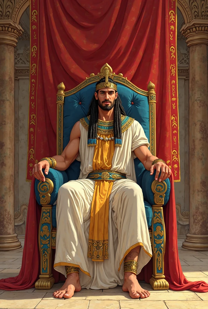 Imposing, strong and handsome emperor with European features and a very short beard wearing a crown and holding a scepter sitting on a throne with a falcon