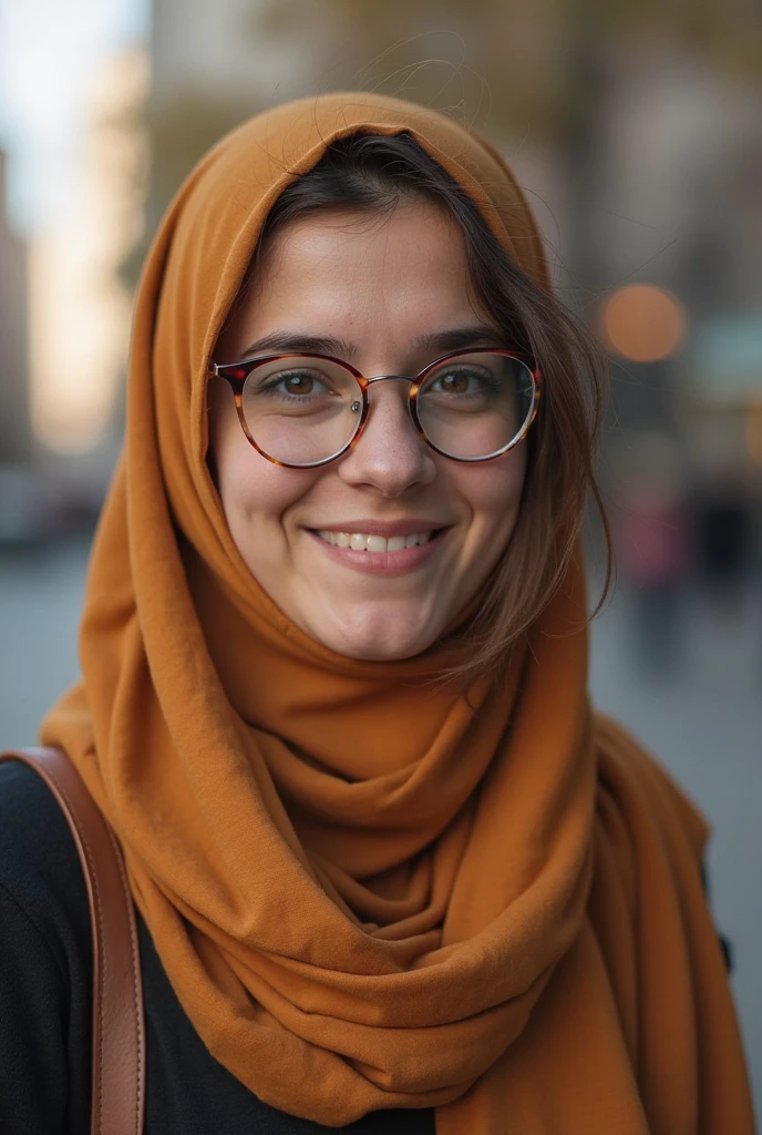 college woman wearing hijab, lipstick, and glasses smiling to camera; 4k; high quality