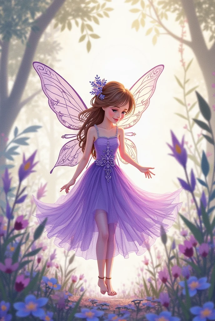 A young girl with brown hair in a blue dress, smiling and posing closely with a tiny fairy, set in an enchanted forest with glowing flowers