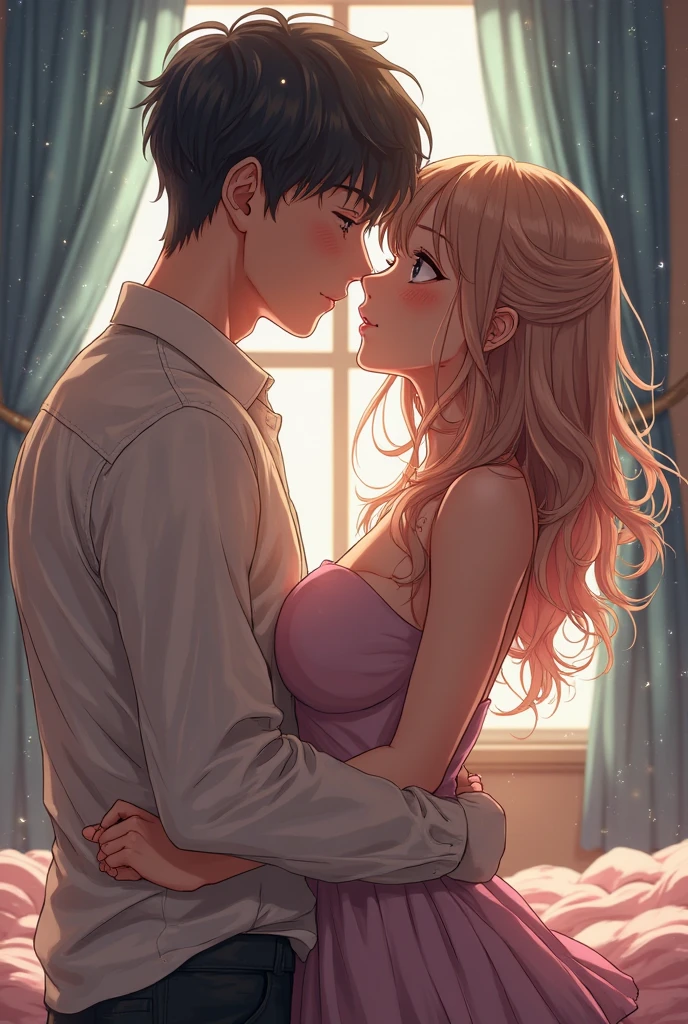 Create an anime image of a boy and
Girl kissing in romantic way that to
Girl lifting boy's shirt in way boy
Gym body appear with background having
Window
