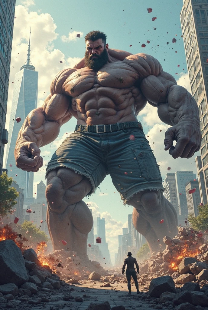 Un homme en en boxer extrêmement moulants immense tres muscles gay dans une ville qui et entrain de mettre un habitants sur son grand torse tres muscle et avec L'autre main détruit un immeuble
