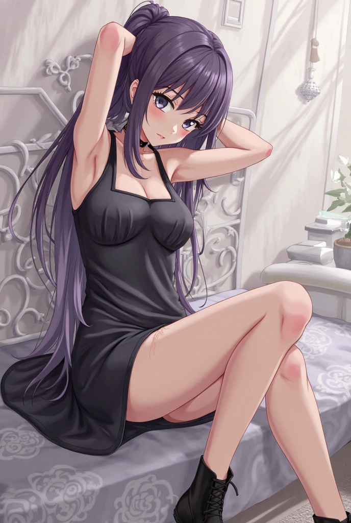 woman posing for a photo(deep_v-neck_dress:1.Wearing 2)、(very_long_hair:1.3)、
good hand、4K、hight resolution、​masterpiece、top-quality、headw:1.3、((Hasselblad photo))、Fine skin、foco nítido、(Cinematographic lighting)、natta、Soft lighting、dynamic ungle、[:(详细的脸:1.2):0.2]、(((Background of the 5 star hotel)))、Clean bare feet、Wide-spread legs、Beautiful underwear、looking-down、Black stockings、