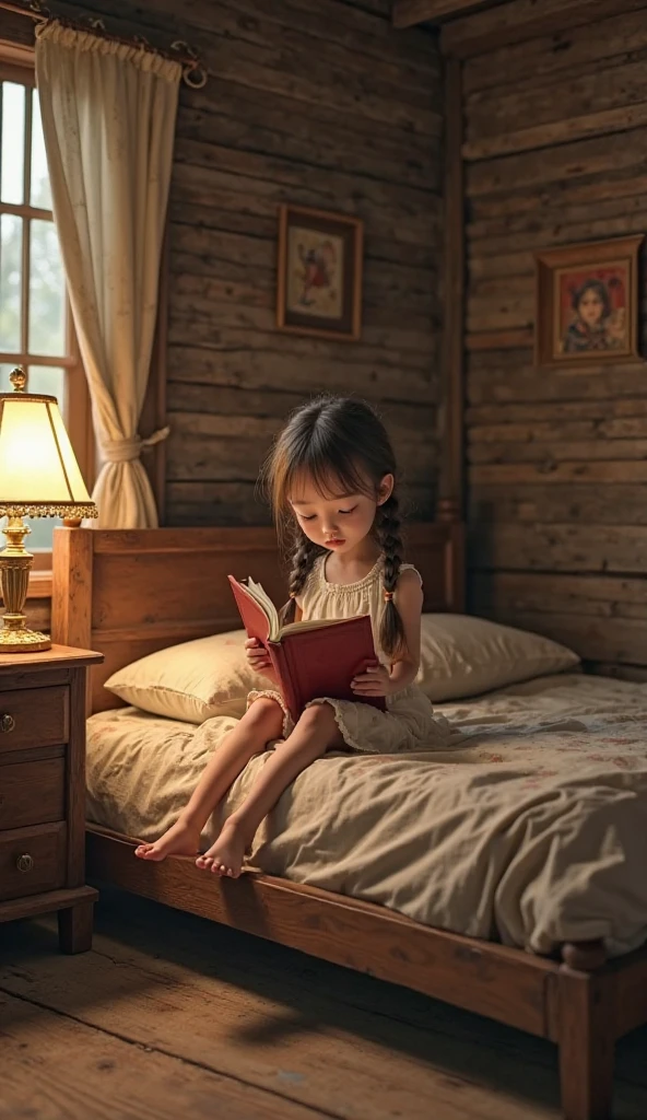 High-quality photograph of a girl sitting half-lying on a bed with a book and laughing.