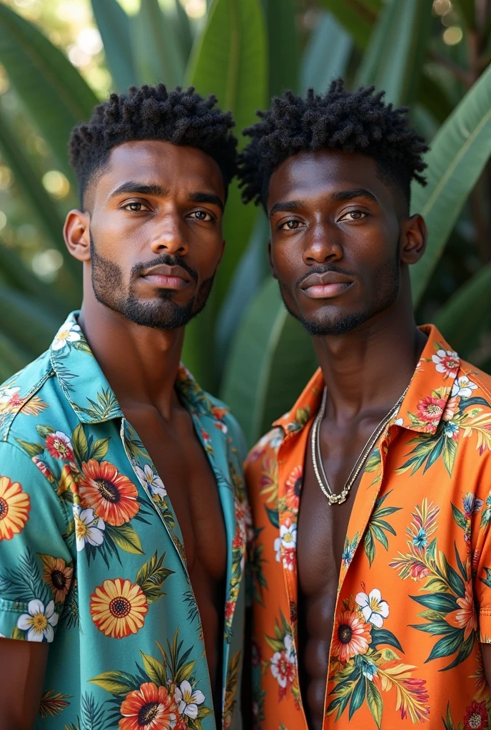 Photorealistic portrait of two young 18-year-old black men relaxing on a Caribbean beach in tight shorts.  He should have a youthful and vibrant appearance, with distinct features that reflect his ethnicity.  The setting is a sunny Caribbean beach that captures the essence of a relaxing atmosphere.  The young person should appear comfortable and at ease, and his face should have a gentle expression that embodies a sense of peace and contentment.  The lighting should be natural, highlighting its features in the bright Caribbean sun.