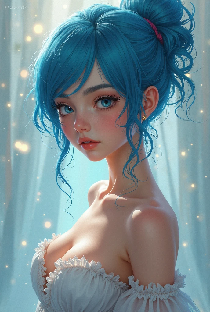(masterpiece:1.4, best quality), (intricate details), unity 8k wallpaper, ultra detailed, beautiful and aesthetic, perfect lighting, (1girl), (blue hair, blue eyes, medium breasts),, dynamic pose, dynamic angle,  lipstick, slim, slim body, medium breasts, , detailed background, realistic, solo, perfect detailed face, detailed eyes, highly detailed, blush, hair ornament, rolling_eyes, cross-eyed,