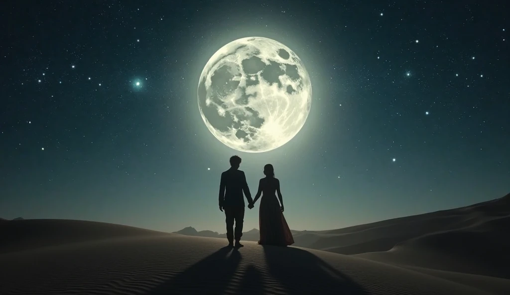 Make the silhouette of a man asking a beautiful woman in marriage. romantic image, sensivel e emocionante, estilo pintura antiga, real south lighting, Starry sky background with strong lightning effects of a full moon, 8k, alta qualidade, obra prima.