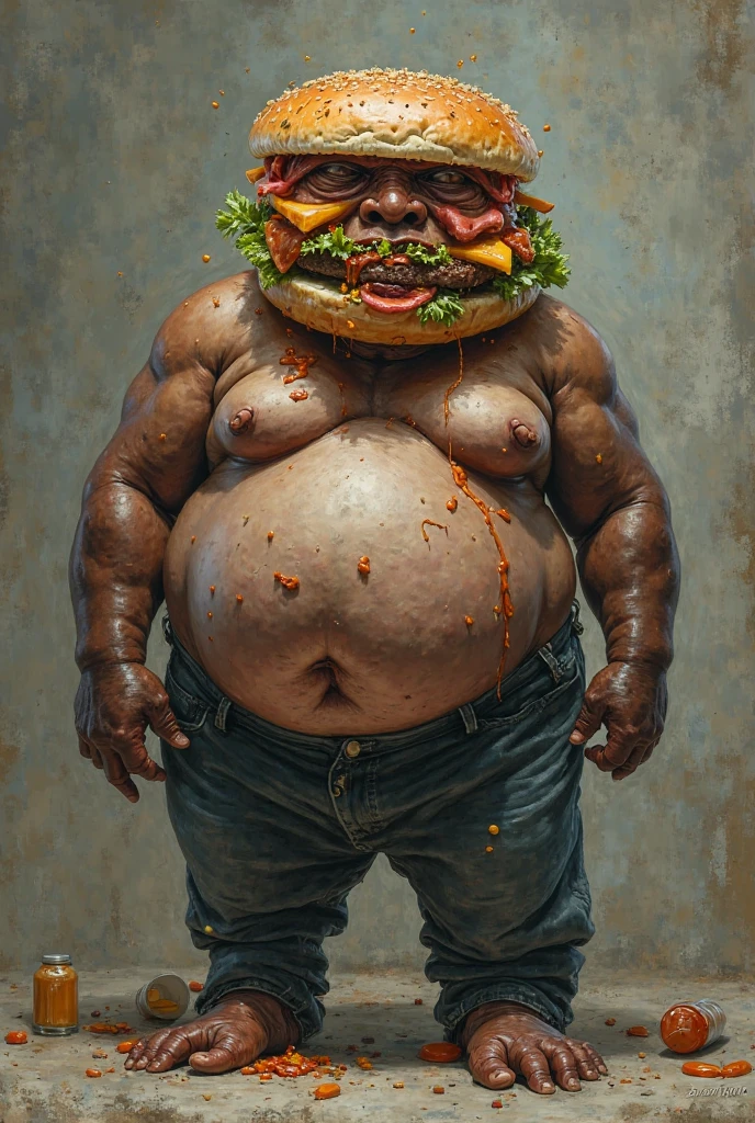Gross fat man holding a burger, shirtless, sitting on a red armchair, gloomy illumination, dark environment, black over black, highly detailed, masterful painting in the style of Aleksi Briclot, oil on canvas