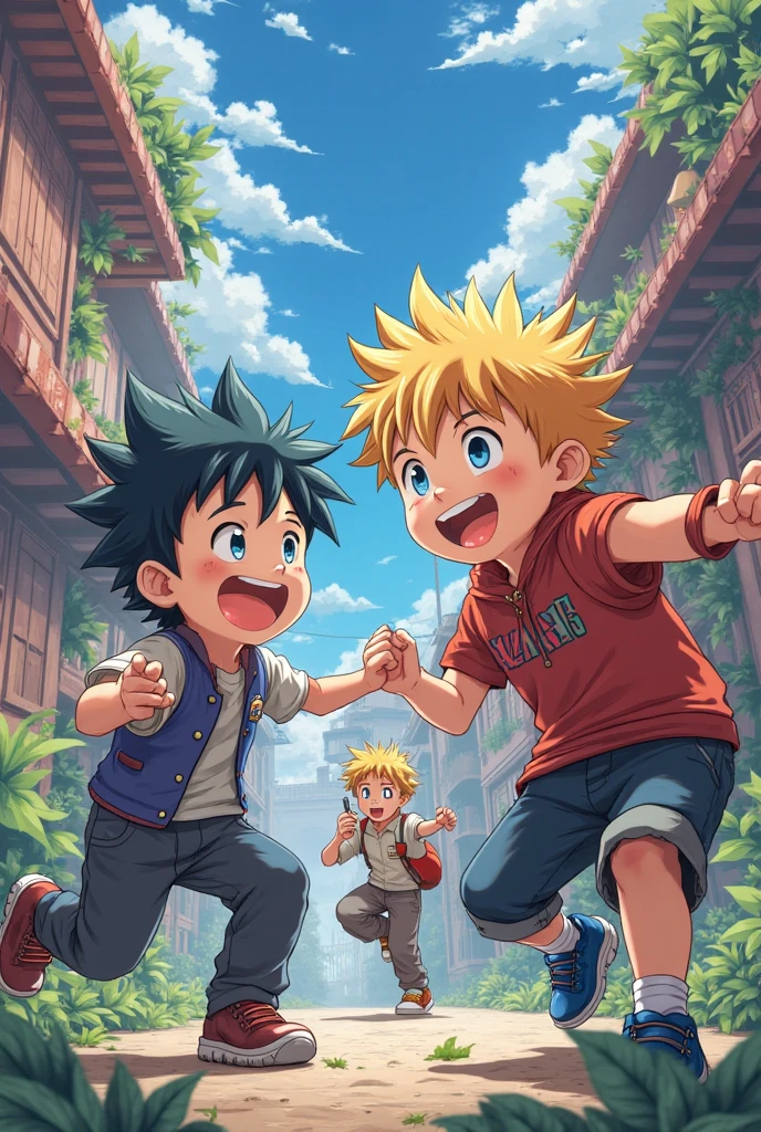 The boys excitedly dig around the chest with their hands.Anime styles 1 boy have golden hair and one have black hairs the golden hair boy wear an orange t-shirt and blue shorts and the black hair boy wear a grey shirt and blue shorts