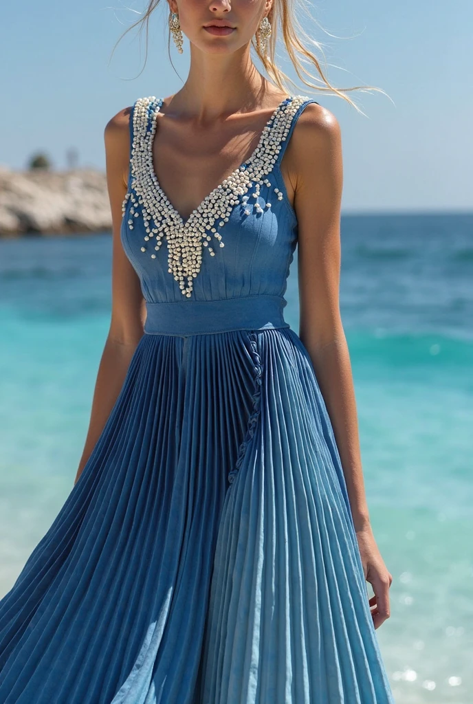 A woman in a blue dress standing on the beach, sky - blue dress, retrato do vestido azul claro, vestido azul longo, vestido de seda azul, em vestido azul, vestido azul, vestido de sol, vestido azul gelado;, vestido de seda suave, usando vestido azul, usando um vestido azul, com cintura fina, blue swirling dress, bonito e sorridente
