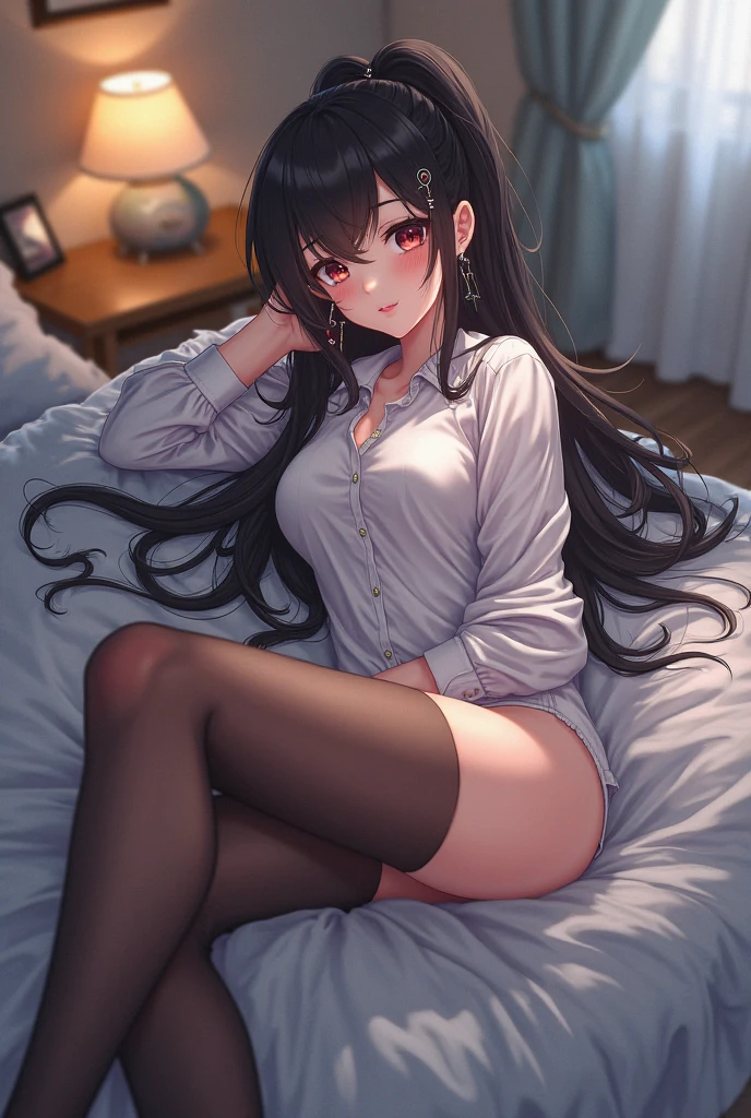 Italian girl, 25 years old, very long loose brown hair, busty, wearing a small unbuttoned shirt, wearing a black pleated miniskirt, hair covering her breasts, bare feet, bedroom