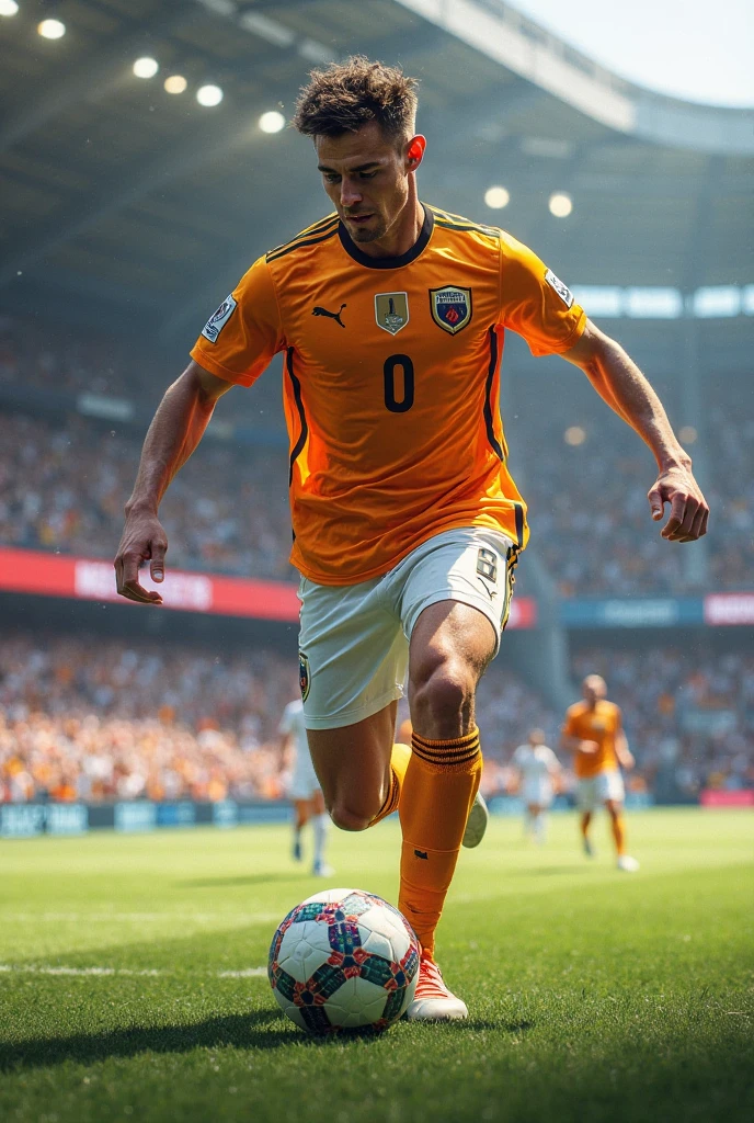 a very realistic man with an angry face in white 4k happy scoring a goal looking very serious with the orange shirt