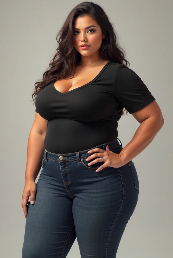 a beautiful 50-year-old Latin woman, dressed in casual clothing, with a beautiful and voluptuous body, the clothes she wears outline and highlight her body, tight jeans