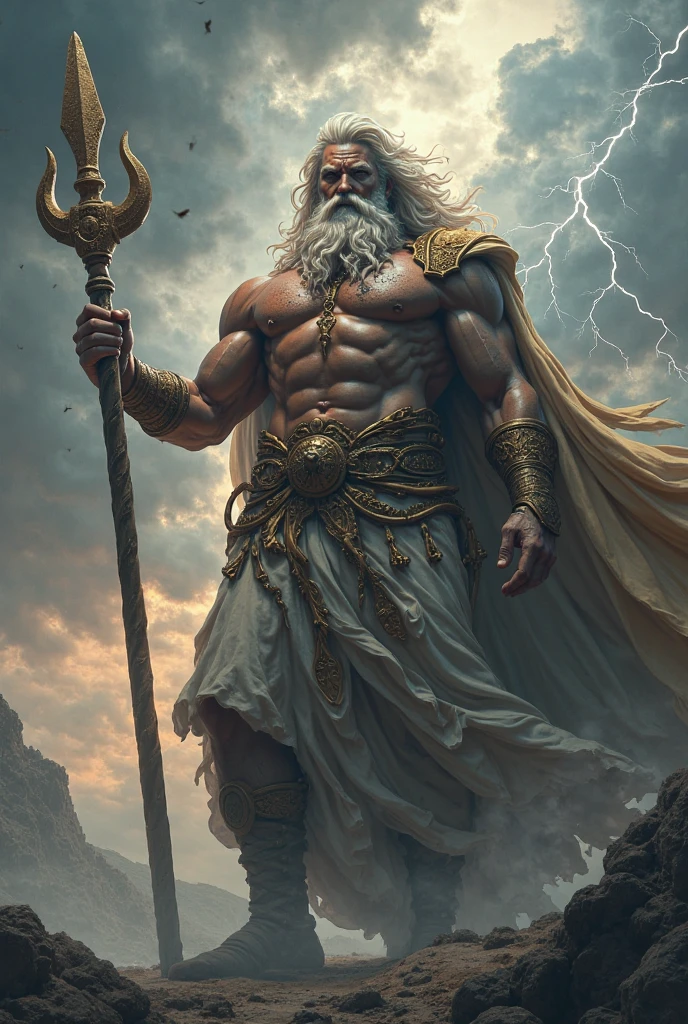 ((Best Quality)), ((Masterpiece)), (detailed), depiction of Bramha, god of the hindu gods, (mythology: 1.2), (majestic appearance: 1.1), (spear of thor in hand: 1.2), flowing beard and hair, 3 heads adjoined, muscular physique, wearing a crown made of shells, (marine field: 1.1), (powerful presence: 1.2), (tempest: 1.1), (divine aura: 1.1), (commanding gaze: 1.1), 8k resolution.