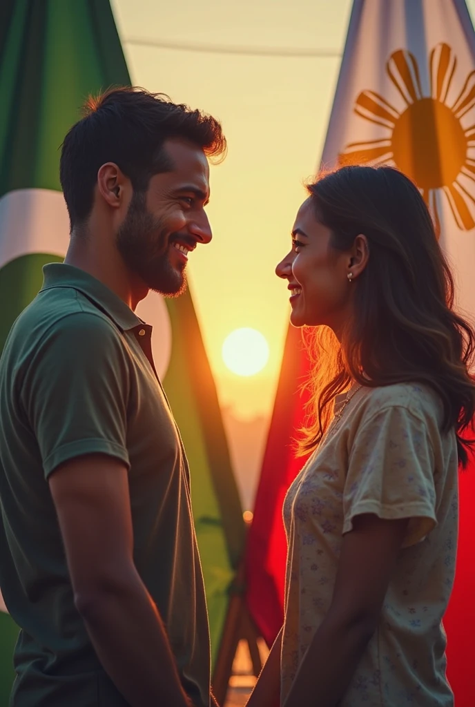 Create an image of beautiful couple with green shirt white pent wear both with romantic mood Pakistani flag background