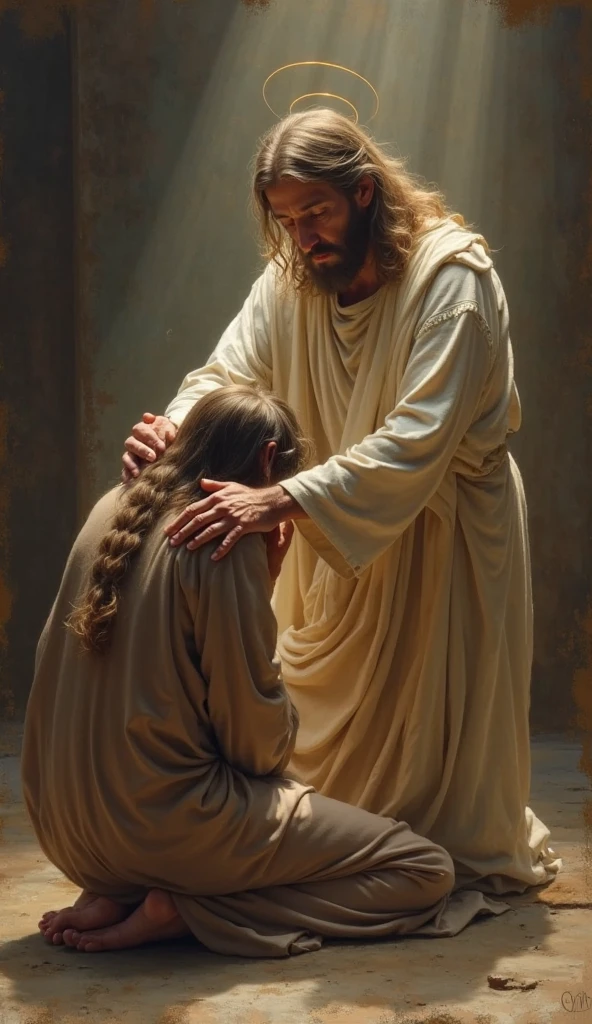 Jesus speaking to someone in the dark, the person is sad
