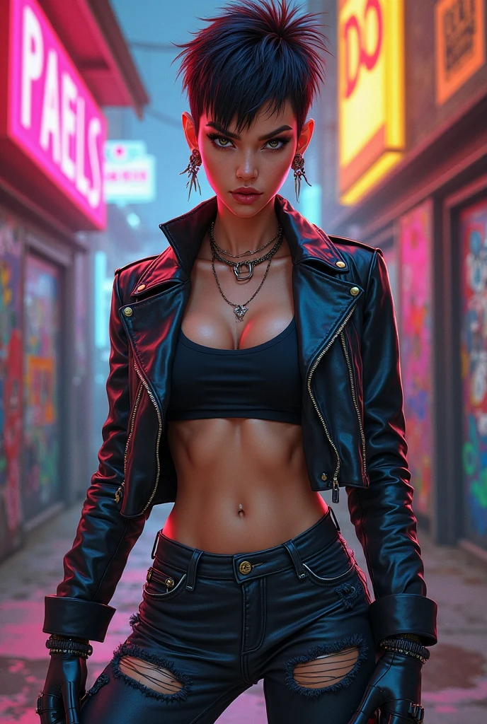 full body standing photo, (Ela tem grandes olhos azuis brilhantes)(glossy and red lips) ((longos cabelos loiros))(((franja longa esconde um olho)))(Dark shadows compose)((Seios muito enormes)) (Corpo fino perfeito) ((open denim jacket)) ((bra black, umbigo, maquiagem, musculoso, headband, Abs, pele apertada , roupas pretas apertadas, muscular female, terno de corpo inteiro, (black leather knee , shorts e cinto de couro: 1.5, Olhando para o Viewer,)), ((posando sexy pista de corrida)) (master part, High definition, Volumetric lights and dynamic shadows)((master part))(8k)(rosto perfeito)(Ultra Detalhes) (perfect hands, olho, e rosto)