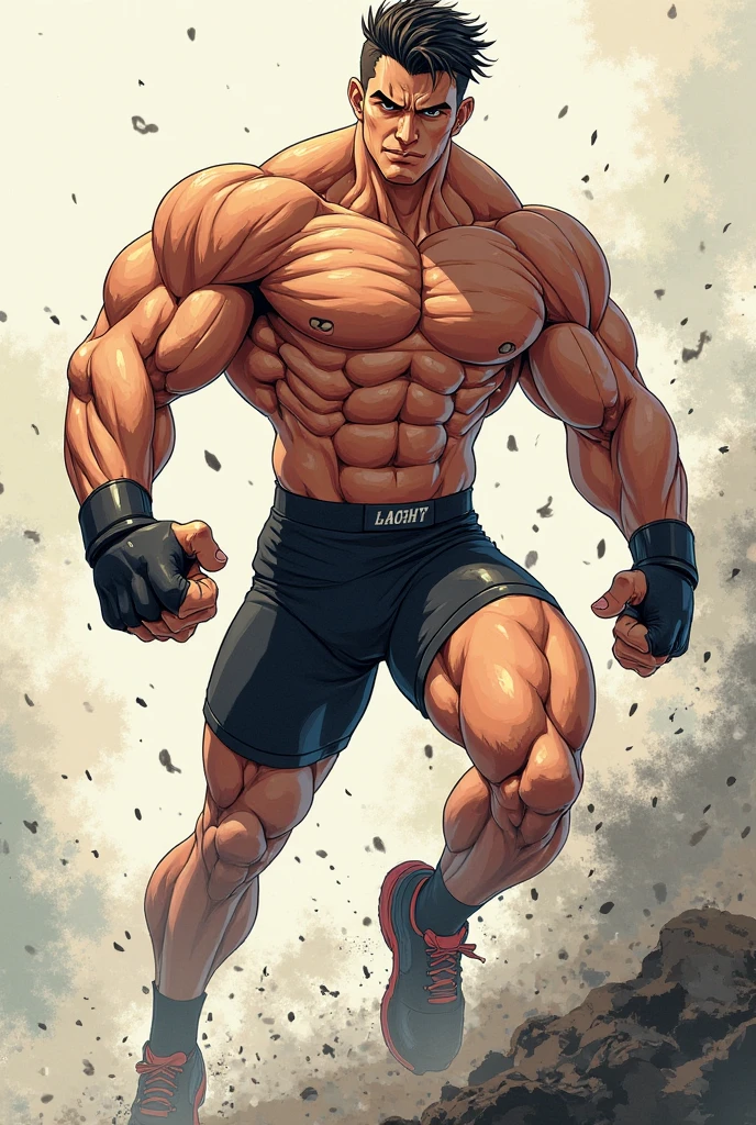 (A corner of the photo from bottom to top) (Highest quality images) Lion Man ,real, young, , Wearing shorts, Crotch protrusion, Anime Character, Standing on the ground, Legs open, male face, bonito rosto young, Undercut Hair, Huge chest muscles, 大腿muscular, Biceps tendon, Huge body, Toned body due to intense training, muscular, 8-pack clear ABS, 3 meters high, Topless, , Glowing skin, Dihan.com, Hands on thighs, barefoot, No beard