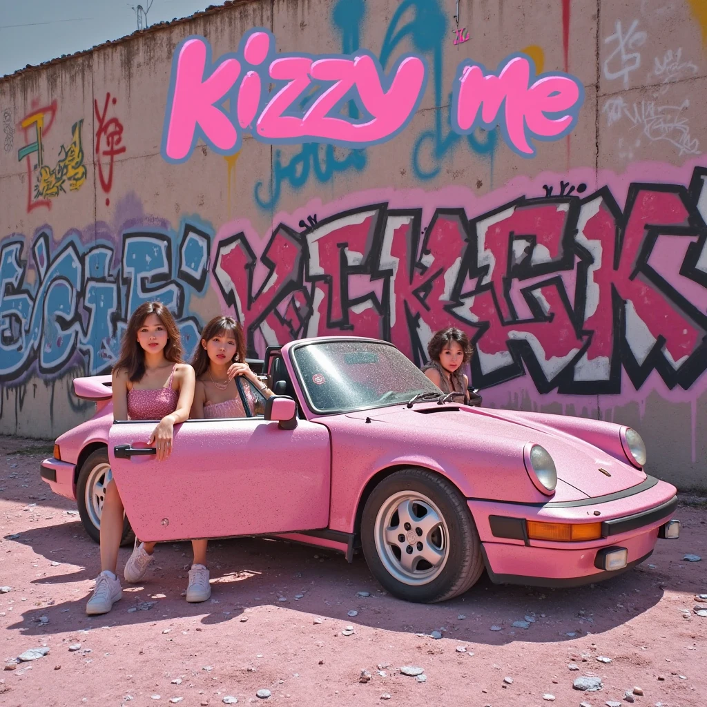 advertising poster, Promotional Photo of the Single Pop Rap CALIFORNIA GIRLS by the artist called Doja Cat, in the pink clouds dressed in bikinis, spread across the image various sweets, candies, lollipops, jellies, hair down to the feet, big ass, perfect body, landscape fantastic,