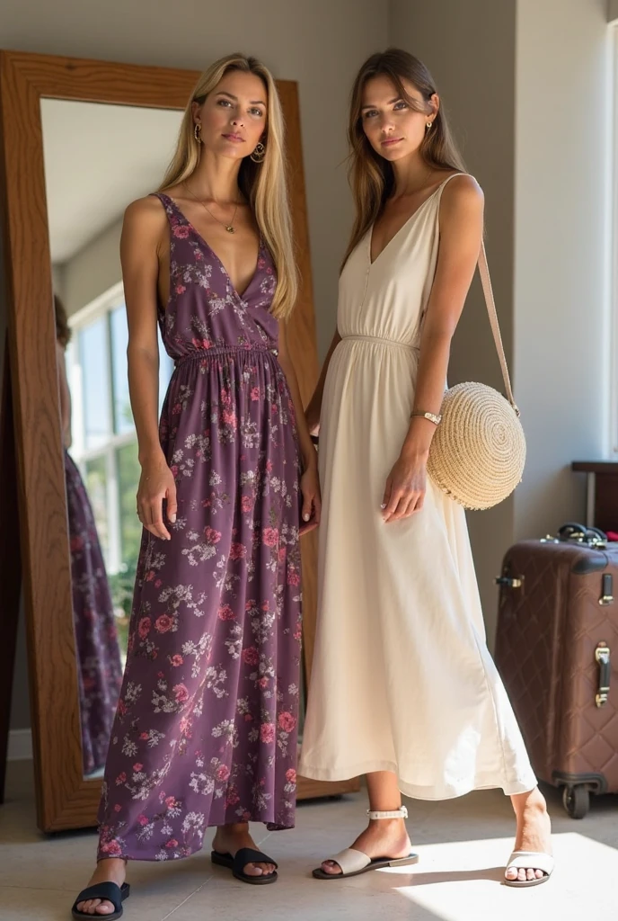 Two blonde plus size women wearing low-cut floral dresses walking in a beautiful orchard in the late summer afternoon