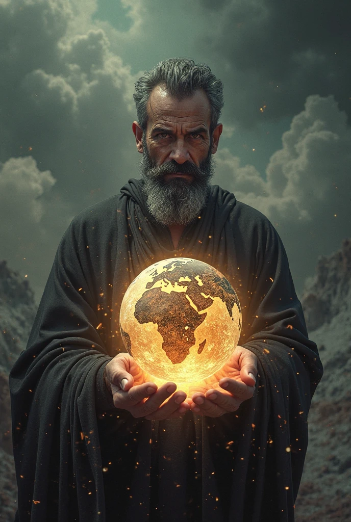 Let there be a cool guy holding a time globe, the cool guy will be very tired and sad, all the problems, depressions, lessons, family troubles in his head.