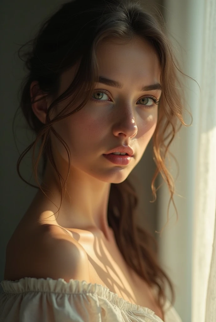 a shirtless girl nudist, detailed facial features, beautiful detailed eyes, beautiful detailed lips, extremely detailed face, long eyelashes, detailed skin texture, slender figure, graceful pose, serene expression, natural lighting, warm color tones, cinematic composition, dramatic lighting, portrait, high quality, 8k, photo-realistic, masterpiece