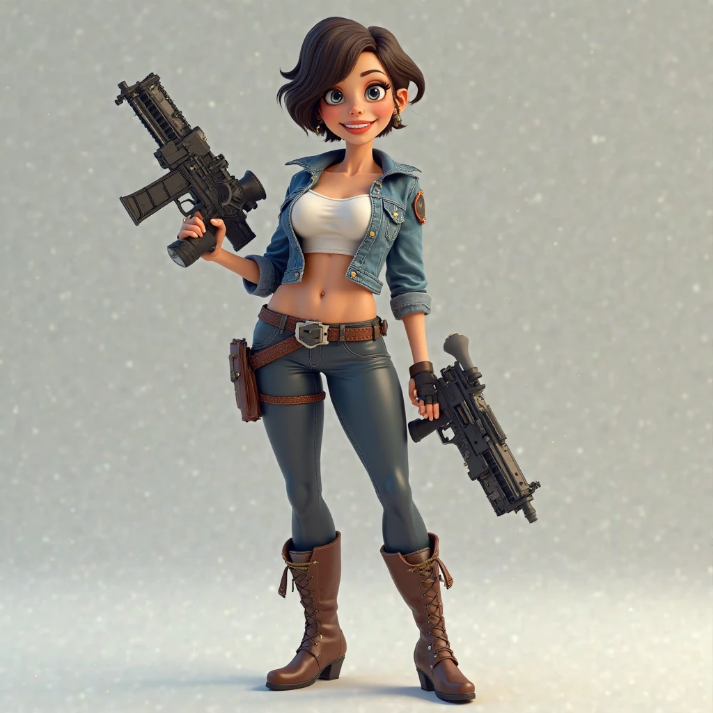 girl with a 44 magnum held in her hands, 1 girl standing, short hair with bangs (full body: 1.5), hero pose, exaggerated proportions, complex character design, feeling of nostalgia, exaggerated features, memorable appearance, consistent , coherent, captivating, (clear eyes: 1.2), (highly detailed eyes: 1.2), highly detailed hands, detailed floor, textured punch, dusty floor, intricate shoes, masterpiece, intricate, comic book rendering, illustration, 2d character, flat rendering, outline, masterpiece, intricate, (simple background, black background: 1.5), rim lighting, dim light