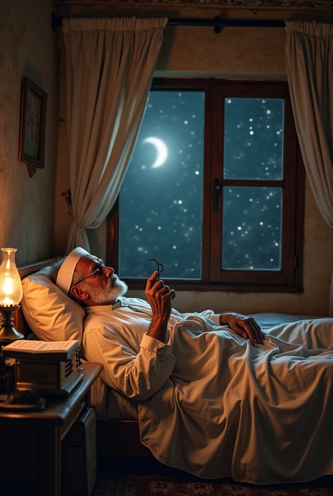 There is a mosque in the background and the moon and stars in the sky and a Muslim man sleeping on the bed and next to him another scientist is doing research with his instrument.