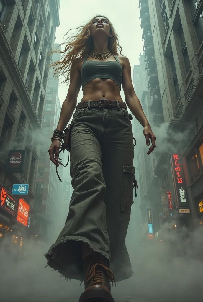 "A towering Giantess in a cool and laid-back hippie style is rocking a crop top and baggy pants. Her toned and athletic build hints at her massive strength. She seems to be casually strolling through the bustling cityscape of GTS City, as towering buildings loom overhead. Smoke and clouds roil around her, adding to the sense of epic scale and drama. The lighting is dark, gloomy, and realistic, creating a tense and ominous atmosphere. The perspective is from below, emphasizing the sheer majesty and power of the Giantess."
