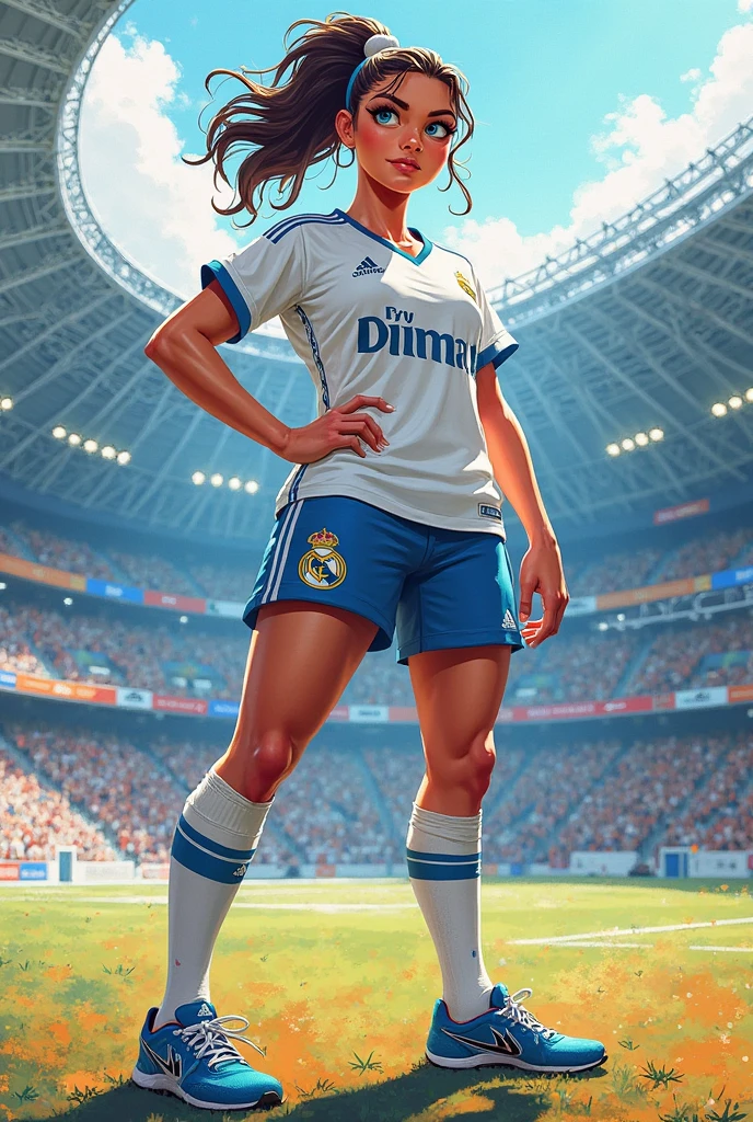 ChunLi, wearing a black thong, underwear, solo, panties, (((wearing a white Real Madrid shirt))), (perfectly proportioned body:1.1), (((bathroom)), soft lighting, smilling ,(solo)),  (standing on one leg:1.2), (standing split:1.3), hand holding one leg up, (black panties), clothes writing, (alone). ((solo:1.5)), big red lips, cameltoe, 1 girl, white Real Madrid shirt, [[[(((big hips)))]]]], perfectly round breasts, hourglass body.  shiny skin, watching the viewer, beautiful hair, beautiful face, beautiful detailed eyes, babyface, beautiful clavicle, beautiful body, beautiful breasts, large breasts:0.5,