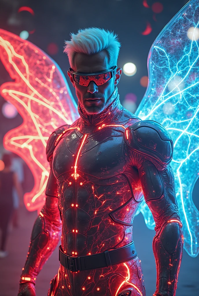 create a stunning fantasy image about a full body muscular man wearing a futuristic transparent neon armor (red and blue light neon) with transparent futuristic helmet and giant robot wings ( blinfolded (reflective sunglasses), handsome face, white hair, shaped like a transparent helmet, connected directly to the human body, ensuring that oxygen supply is met (can even produce oxygen), useful as a super sophisticated computer, can be used as virtual reality, and can even control human nutritional health (automatically detecting body disorders),  emits massive neon effects, complex armor stitching, neon threads decorated the armor, crowded futuristic fashion show as background, the angle of view is slightly downward, best quality, MASTERPIECE.