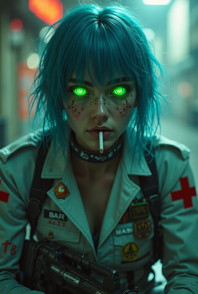 With glowing green eyes、A mutant-like character with slightly distorted skin。Her hair is contaminated with radiation and glows fluorescent green.、Hair is falling out in places。The jacket is々It's torn、A radioactive symbol is embroidered on his arm。A radiation warning sign and a broken barricade are in the background.、Creates an atmosphere of danger。