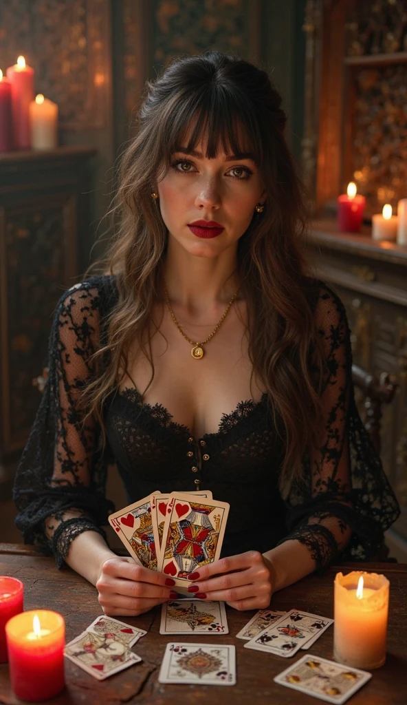 A powerful psychic holds her tarot cards, wearing a dark wine-colored dress with a giant sweetheart neckline emphasizing every curve of her bust. A ruby pendant glows brightly. Her short black hair is sleek and sharp, matched with a black scarf full of red accents. ultra realistic, 8k