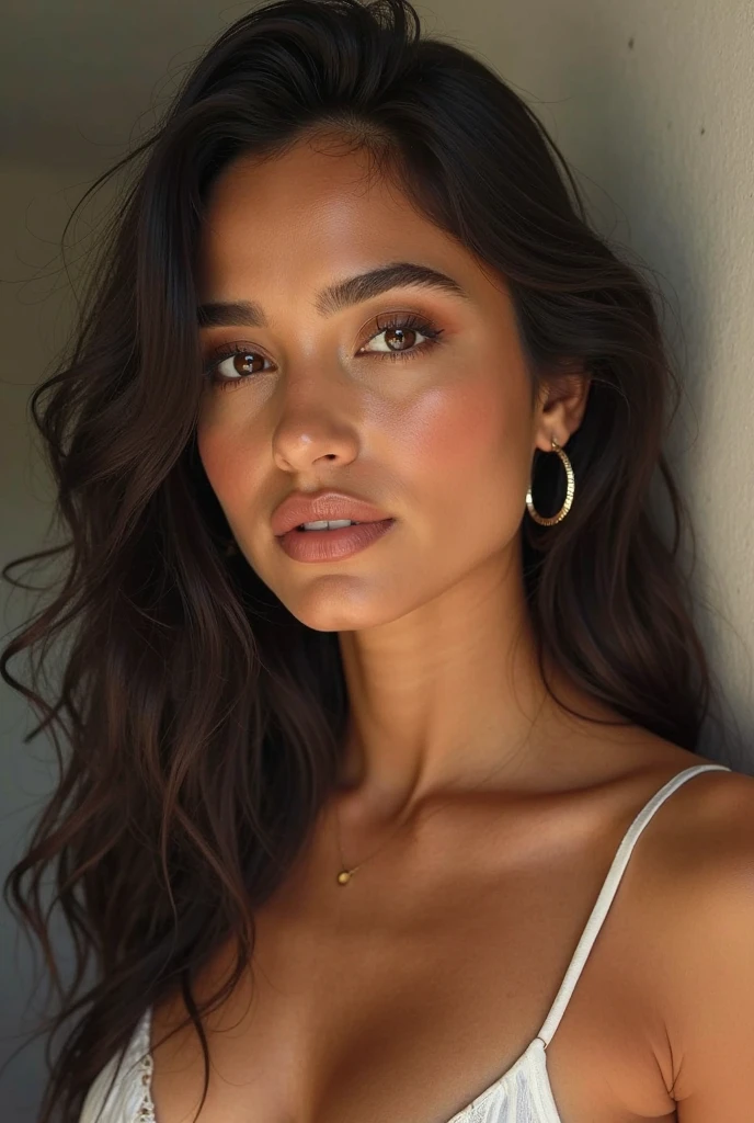 ((melhor qualidade)), ((obra de arte)), (detalhado), rosto perfeito ((meia idade)) ((33 anos)) brunette with long black hair Spanish Latin features, com olhos verdes grandes e brilhantes, posing for a selfie wearing a floral sundress a close-up of a woman in a white dress posing for a photo, Violeta Myers, lindo rosto latina, meio rosa, Retrato de Sophie Mudd, 33 anos de idade, decote, beleza de cair o queixo, modelo do instagram, beleza de cair o queixo, portrait meio rosa, 33 anos de idade, with beautiful exotic, 33 anos de idade, linda mulher