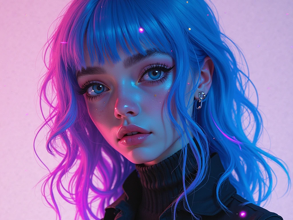 dark skinned girl with shoulder length mullet and blue hair with angel bite piercing, and she is a gyaru