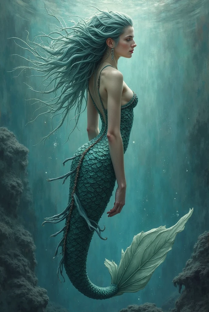 best quality,4k,8k,highres,masterpiece:1.2,ultra-detailed,photorealistic,advertising poster,mermaid,storm,monochromatic,harrowing,contrasting colors,dynamic lighting,water reflections,striking composition,dramatic atmosphere,mysterious concept