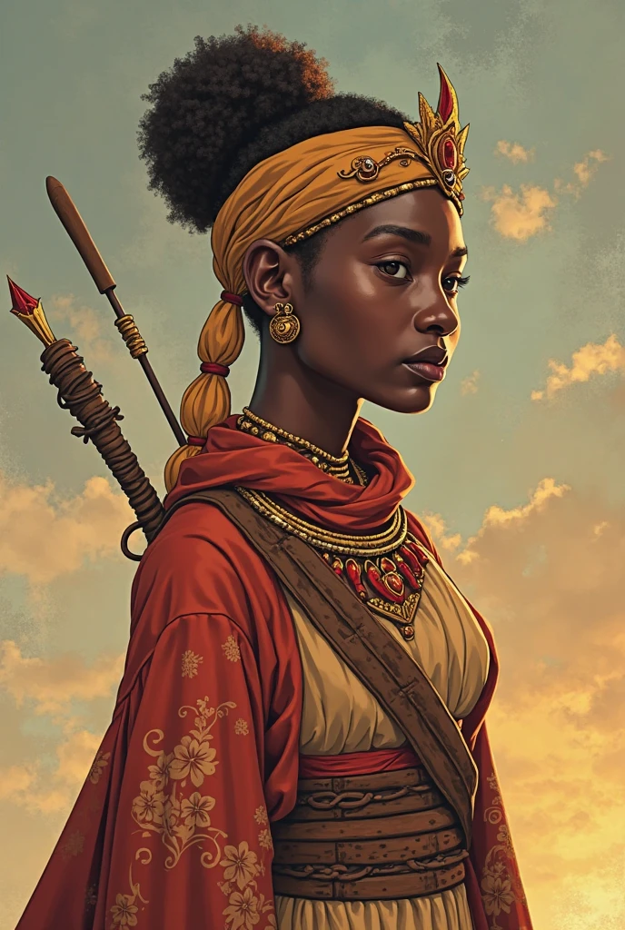 (Young African Warrior Girl Seated on Red Top, Jupe verte, holding two swords, clenched teeth) combat (homme Africain, barbe noir, frizzy hair, Two swords, cheval noir,