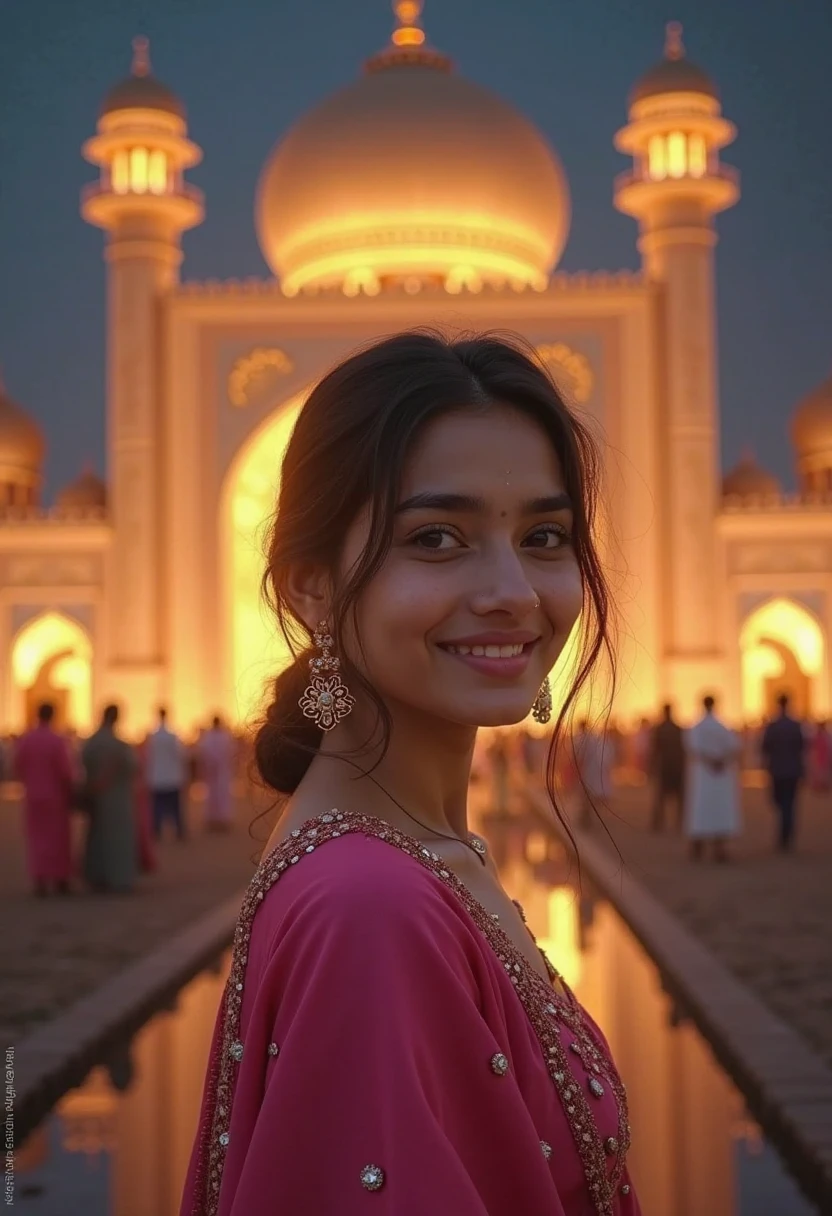 (photorealism:1.2), pakistani girl full picture in pent kurta long hair brown eyes red lips normal height and white skin color in faisal masjid
