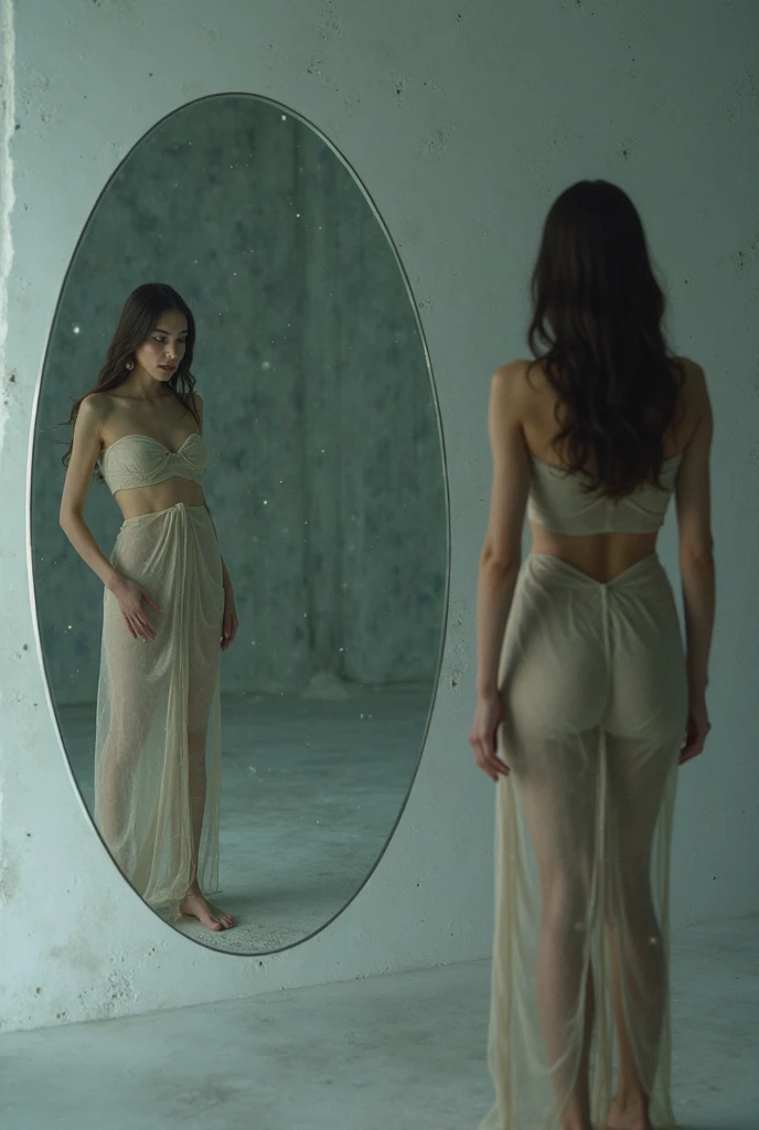 A dimly lit room with an antique mirror leaning against the wall, Partially covered with dusty cloth. I see a half-naked woman cleaning., With a slightly anxious look. Your reflection in the mirror