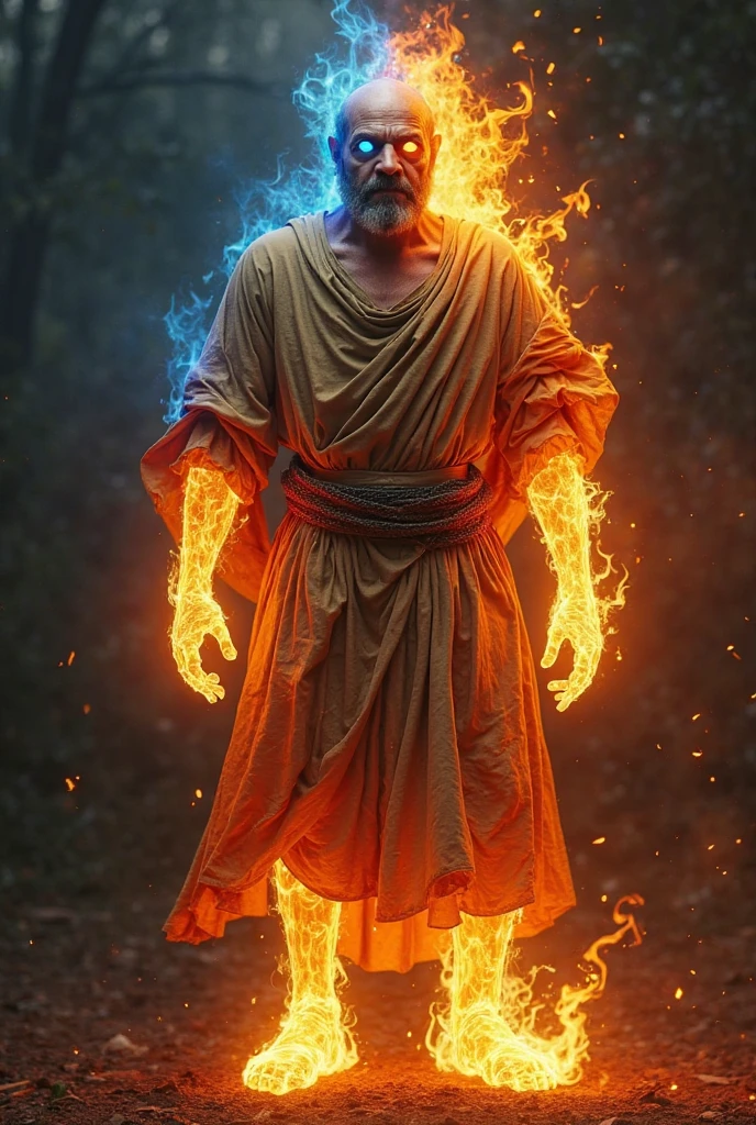 A man dressed in a turquoise linen tunic, his shoulders girded with gold, his arms, hands and feet of bronze White hair Close your eyes with flames of fire