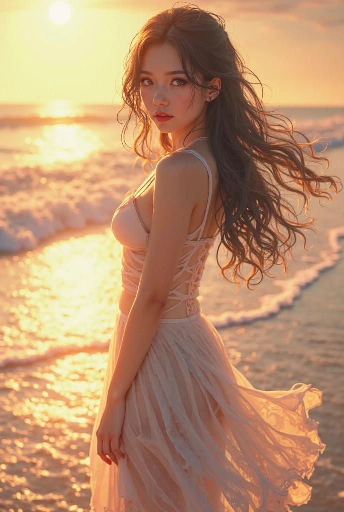 Create a stunning digital painting of a young woman with long, wavy hair standing on a beach at sunset. She is wearing a flowing white dress that catches the gentle breeze. The sky is ablaze with hues of orange, pink, and purple as the sun sets over the horizon. The ocean waves are softly crashing in the background. The woman's expression is serene and contemplative as she looks out over the water. The warm, golden light of the setting sun bathes her in a soft glow, highlighting her delicate features.