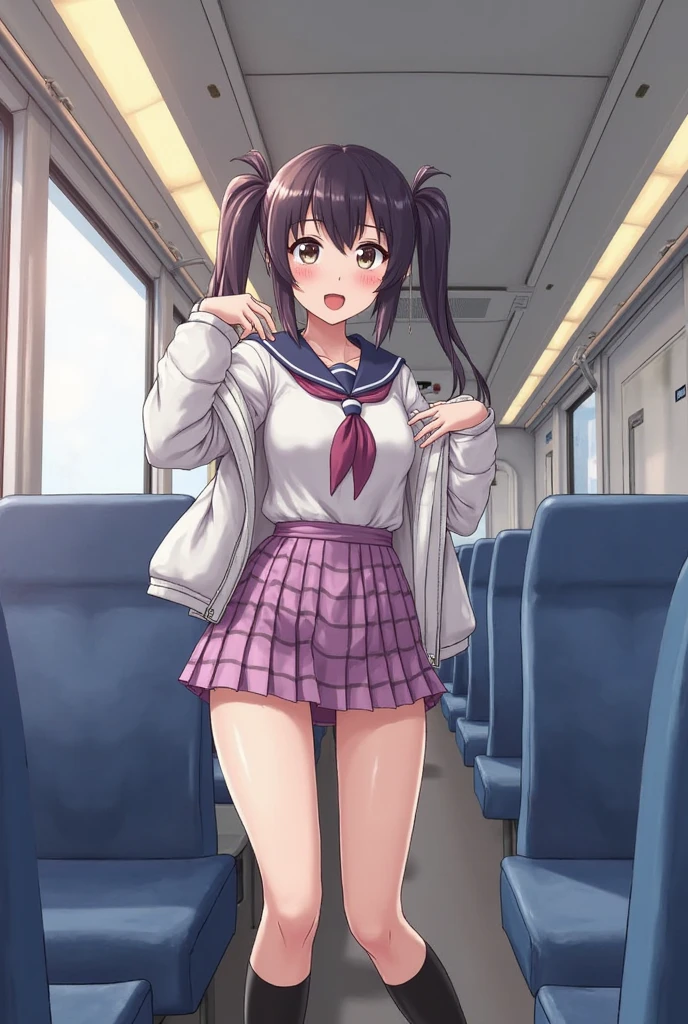 (sitting on a train seat:1.2)、touching smartphone、high school girl、mini skirt、(legs open:1.2)Panty shot、
