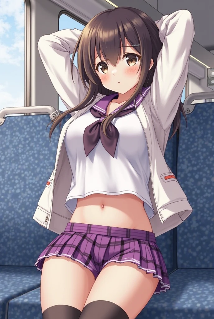 (realistic, photo realistic:1.2), ((highest quality)), beautiful face details, real human skin, pretty embarrassing, osaki amana, skirt, (white panties:1.1), (open shirt:1.2), under breasts, hair ornament, ribbon, hair ribbon, sleeveless, hairclip, midriff, vest, red ribbon, wrist cuffs, blue thighhighs, Cowboy Shot, sitting on speaker, knees raised, spread legs, Cute face, deadpan, Looking at Viewer, (on stage), (stage lights), (crowd, audience:1.3), from below