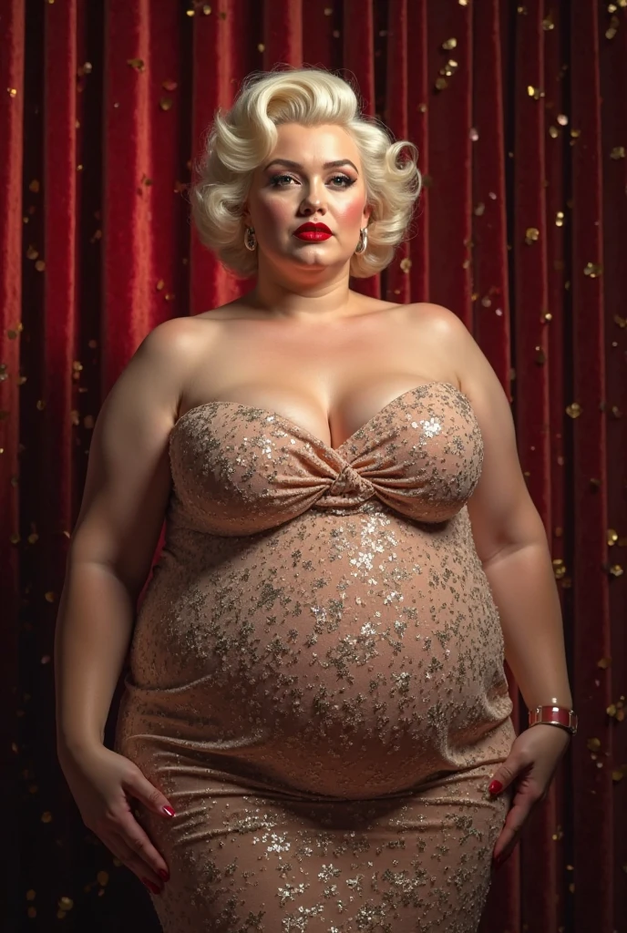 film photo of an attractive 40 year old woman, stern look, midriff, huge pregnant belly, cleavage, huge hips, violet diamond sparkle dress, gloomy hotel room, holding glass drink, redhead curly hair, jewelry, earrings