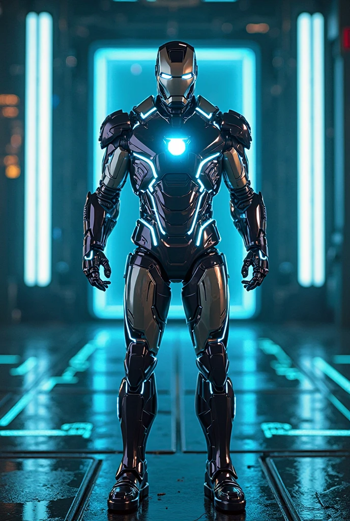 A hyper-realistic image of Iron Man redesigned with Tron-inspired aesthetics. His armor is sleek and futuristic, with glowing neon blue and white circuit lines running through the suit, replacing the traditional red and gold colors. The arc reactor emits a bright, pulsating neon light. He is standing in a digital grid environment, with a dark, glowing floor and vertical light pillars in the background, reminiscent of the Tron universe. Cinematic lighting, high-tech details, reflections on the suit, 4K resolution, soft glow effects, photographed with a Canon EOS R5, film grain and lens flare for a dramatic effect.
